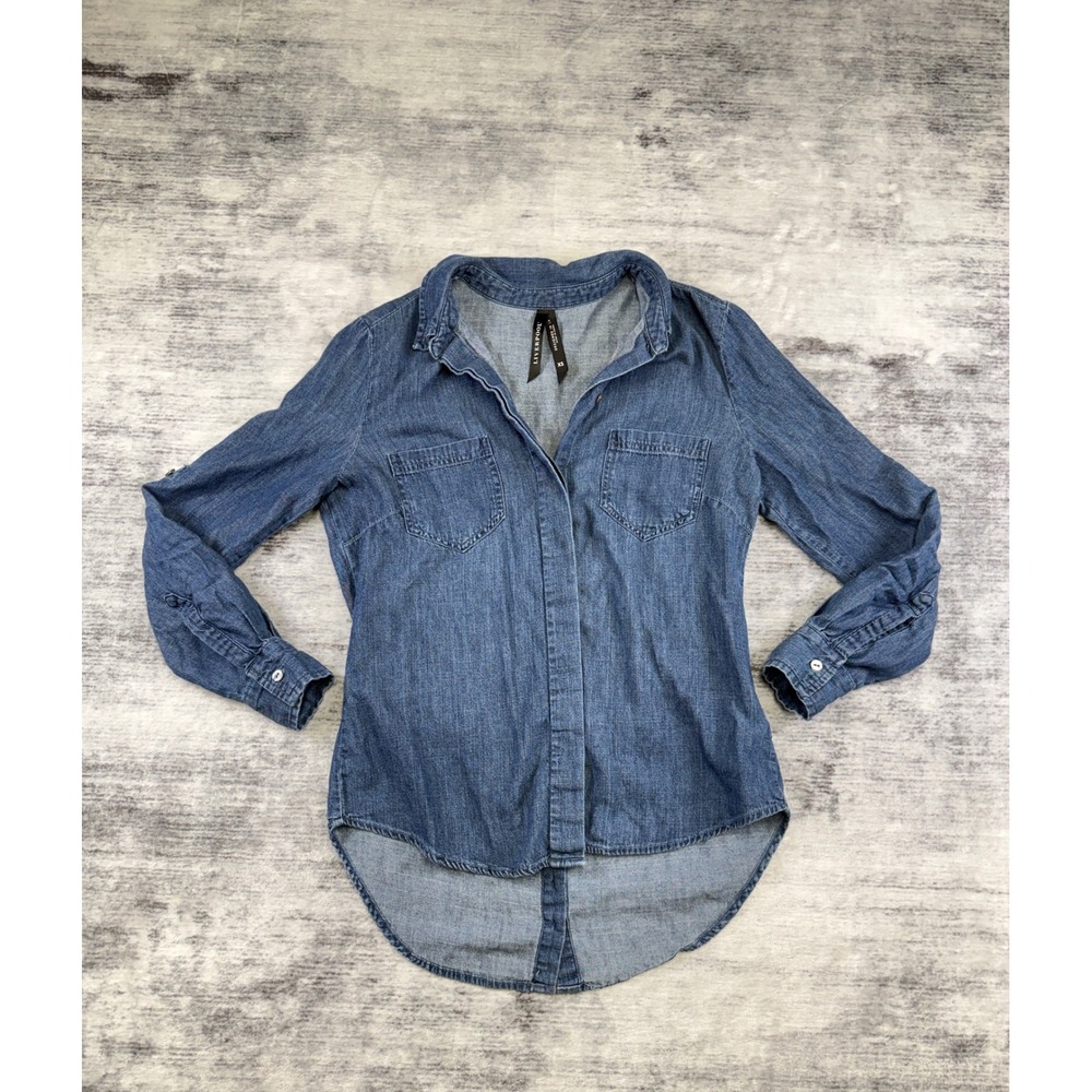Liverpool Los Angeles Blue Denim Button Down Roll Tab Shirt XS High Low Hem